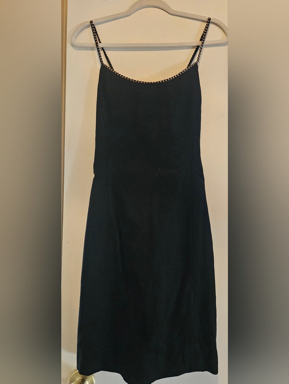 Vintage Anne Klein II Black Wool Mini Dress Gold Stitch Trim Size 10